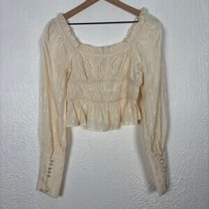 Simple Retro Long Sleeve Peplum Floral Jacquard Blouse in Apricot NWT Size Small